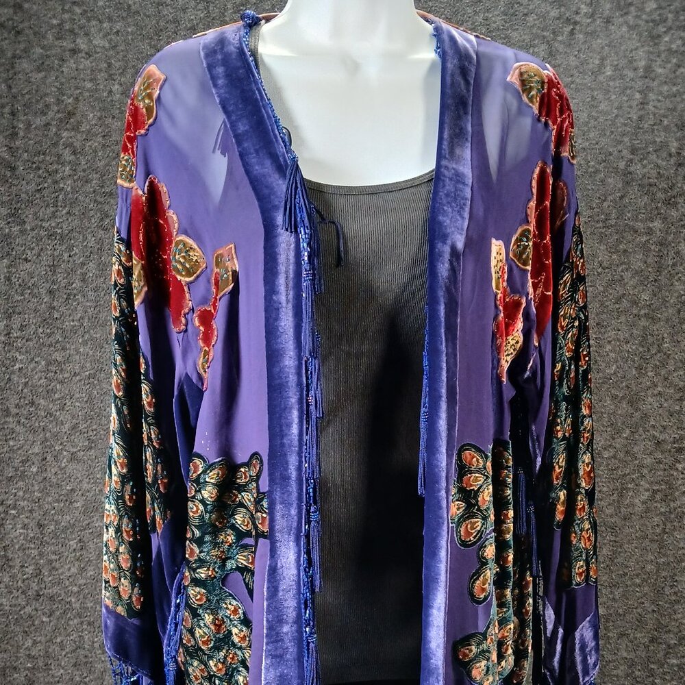 Embroidered Peacock Velvet Kimono Jacket with Beaded Fringe Hem